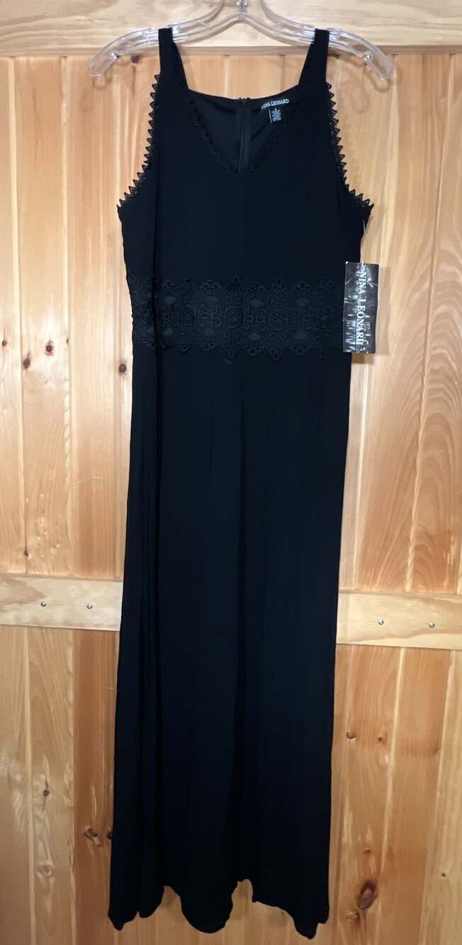 Nina Leonard Black Sleeveless Long Maxi Dress with Lace Trim V-Neck Size S NEW